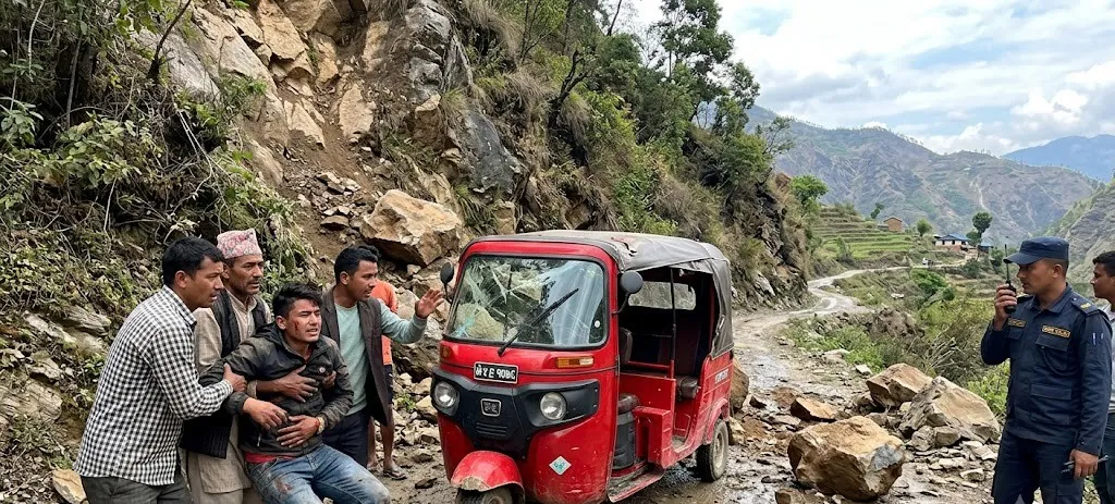 सुर्खेतकाे गुर्भाकोट नगरपालिकामा भिरबाट खसेको ढुङ्गा लागेर अटोमा सवार युवक गम्भीर घाइते