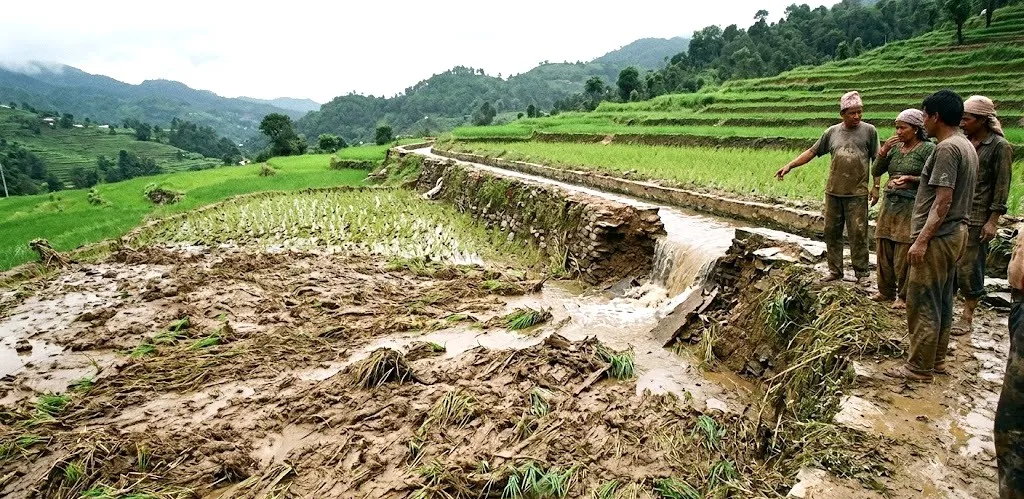 वर्षाका कारण सुर्खेतको बराहतालमा सिँचाइ नहर भत्कियो, एक रोपनी धानखेत पुरियो