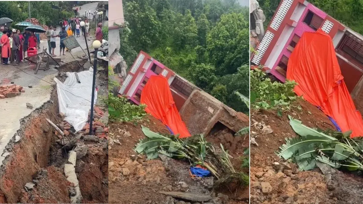 गोरखाको लक्ष्मीबजारमा पहिरोले बगायो तीन तले घर